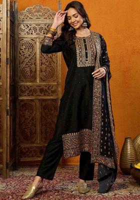 Black Embroidered Silk Kurta Set