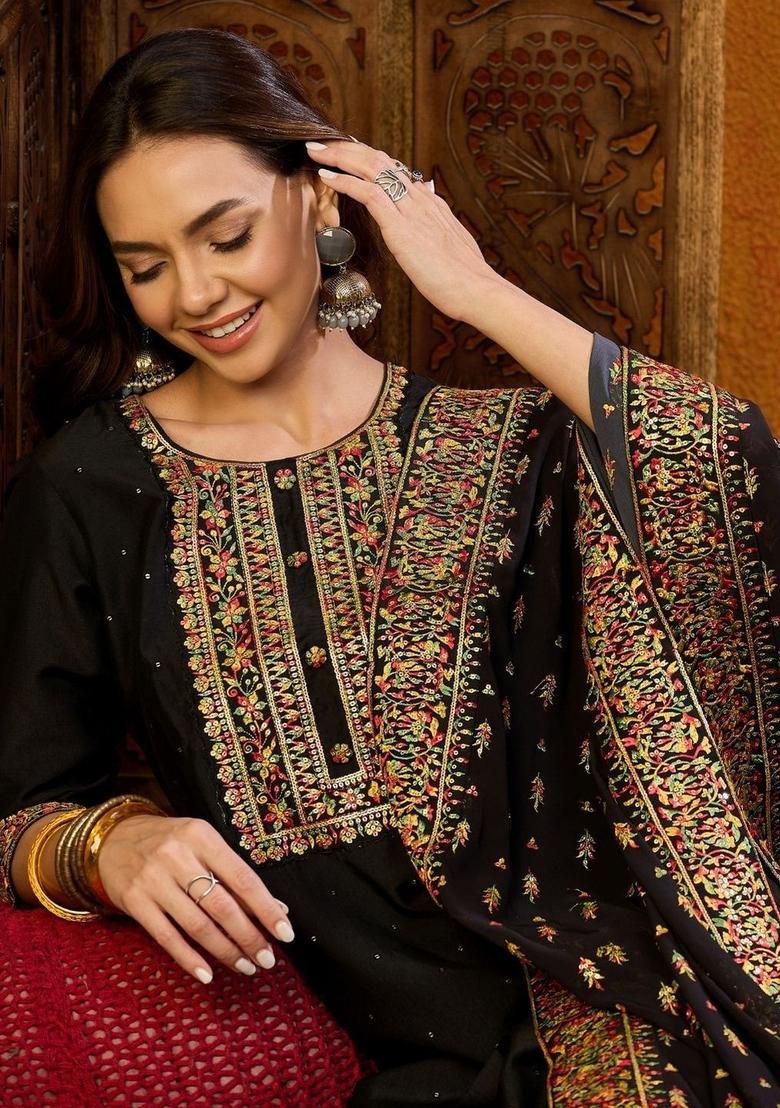 Black Embroidered Silk Kurta Set - Indya