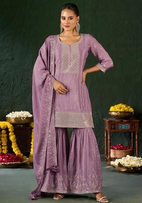 Lavender Embroidered Chiffon Kurta Set