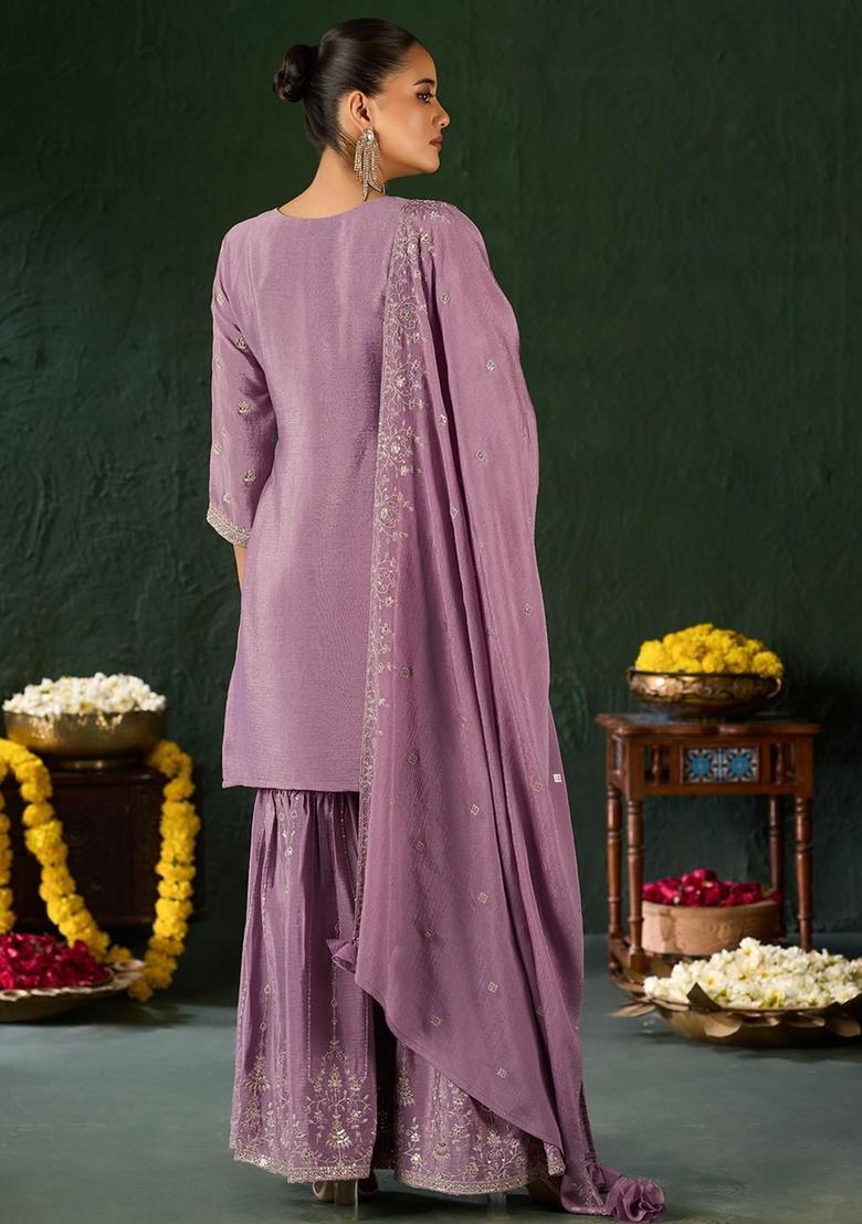 Lavender Embroidered Chiffon Kurta Set - Indya