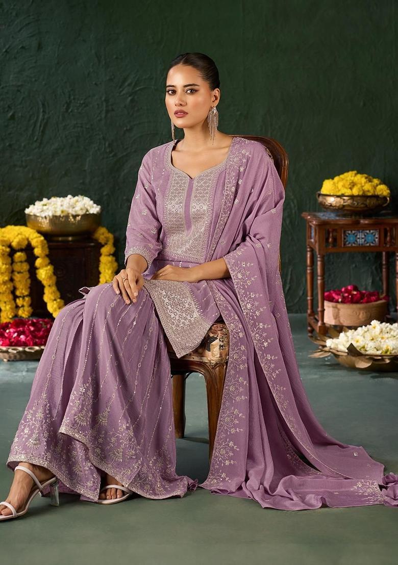 Lavender Embroidered Chiffon Kurta Set - Indya