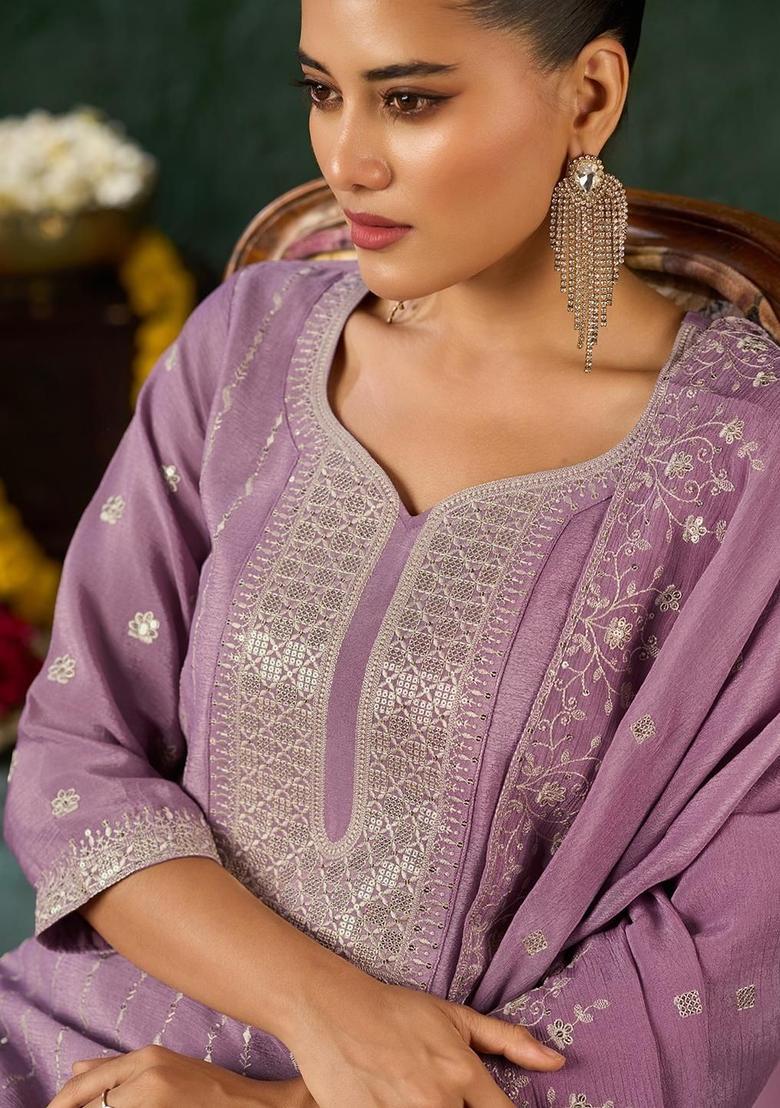 Lavender Embroidered Chiffon Kurta Set - Indya