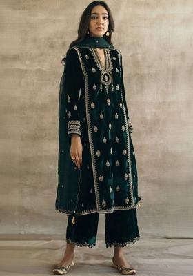 Green Embroidered Velvet Kurta Set