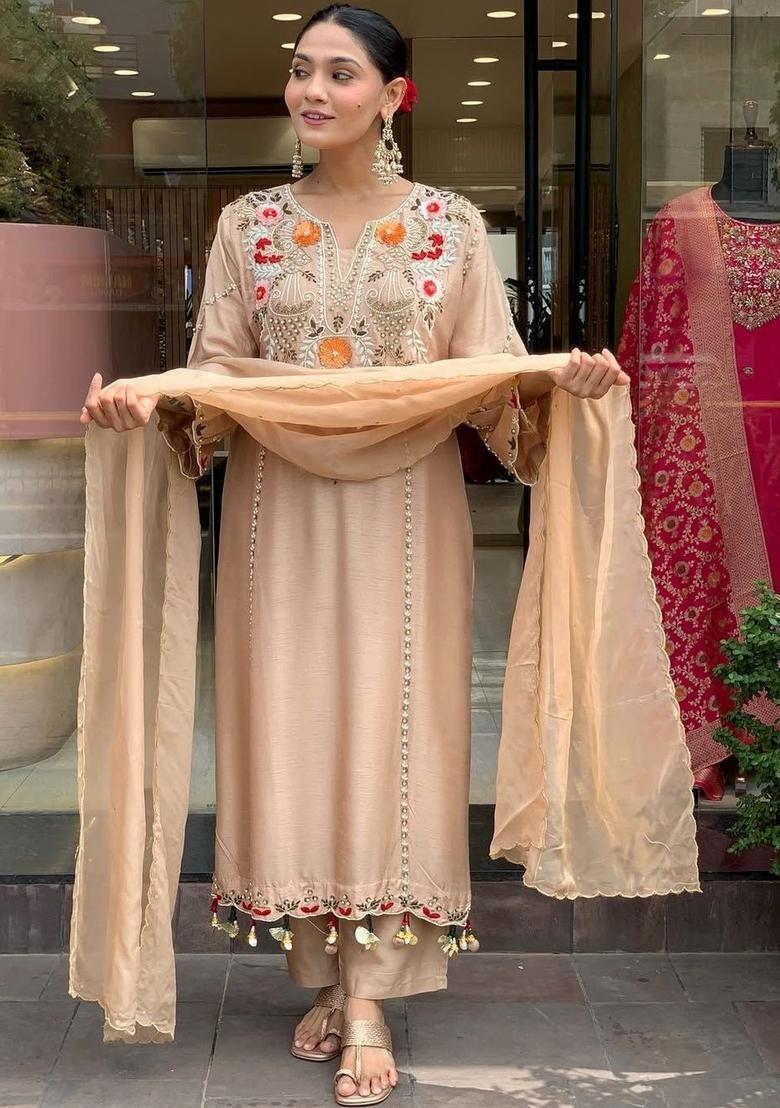 Beige Embroidered Silk Kurta Set - Indya