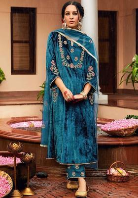 Teal Embroidered Velvet Kurta Set