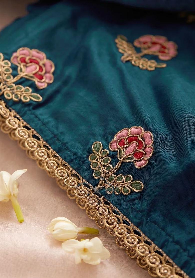 Teal Embroidered Velvet Kurta Set - Indya