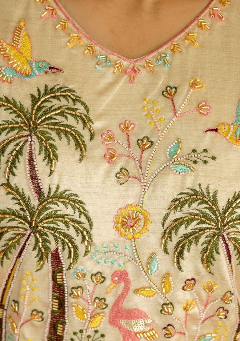 Cream Printed Silk Kurta Set - Indya