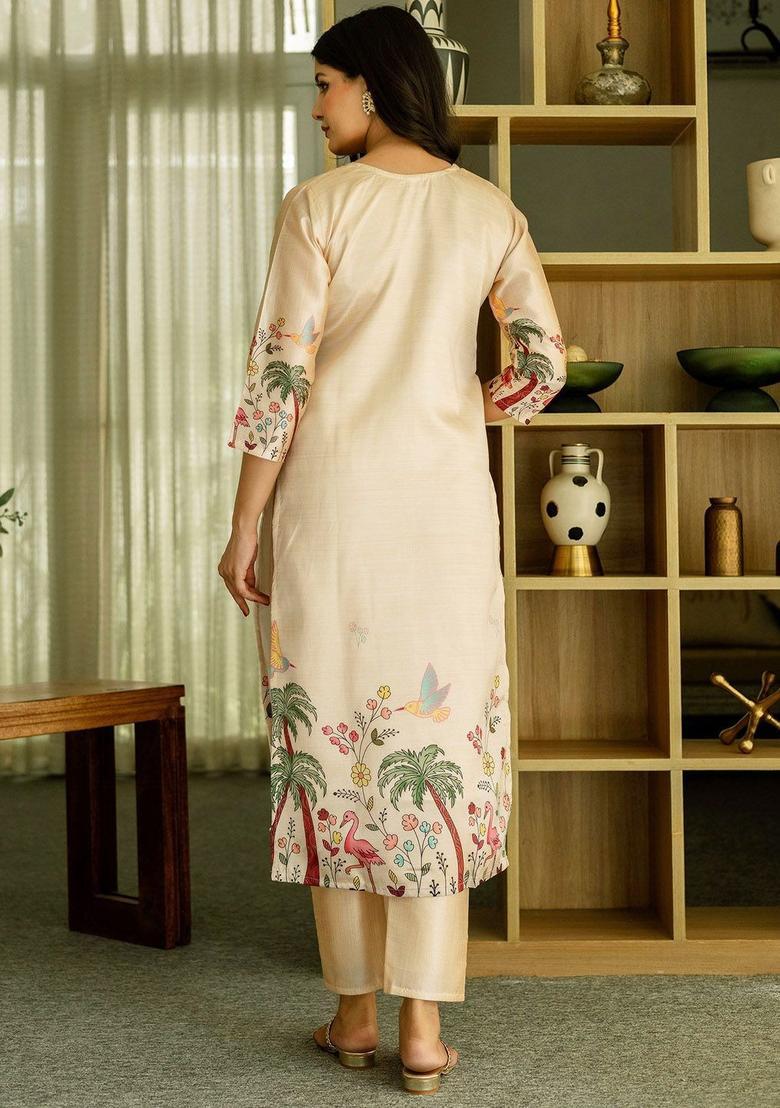 Cream Printed Silk Kurta Set - Indya
