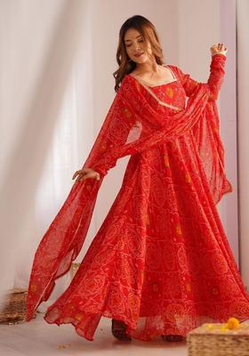 Red Printed Silk Kurta Set