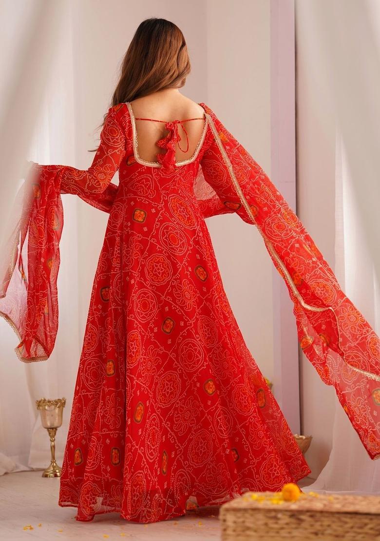 Red Printed Silk Kurta Set - Indya