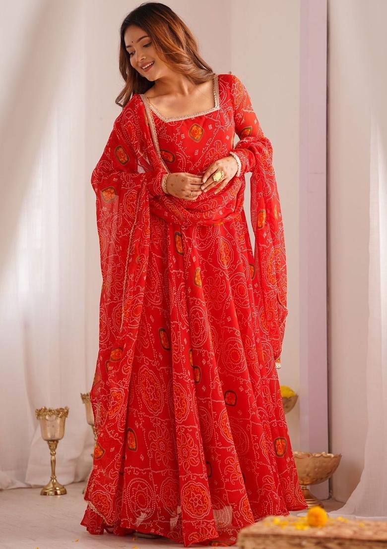 Red Printed Silk Kurta Set - Indya