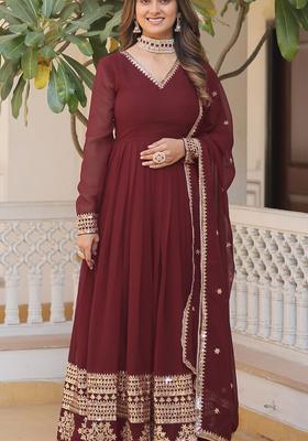 Maroon Embroidered Georgette Kurta Set