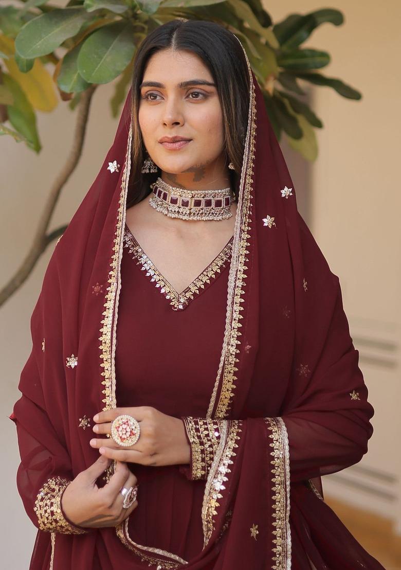 Maroon Embroidered Georgette Kurta Set - Indya