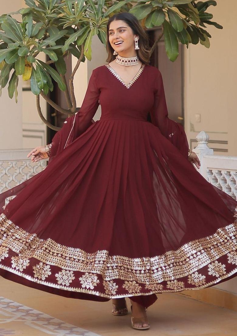 Maroon Embroidered Georgette Kurta Set - Indya