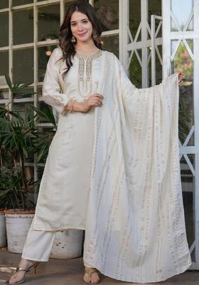 Off White Embroidered Silk Kurta Set