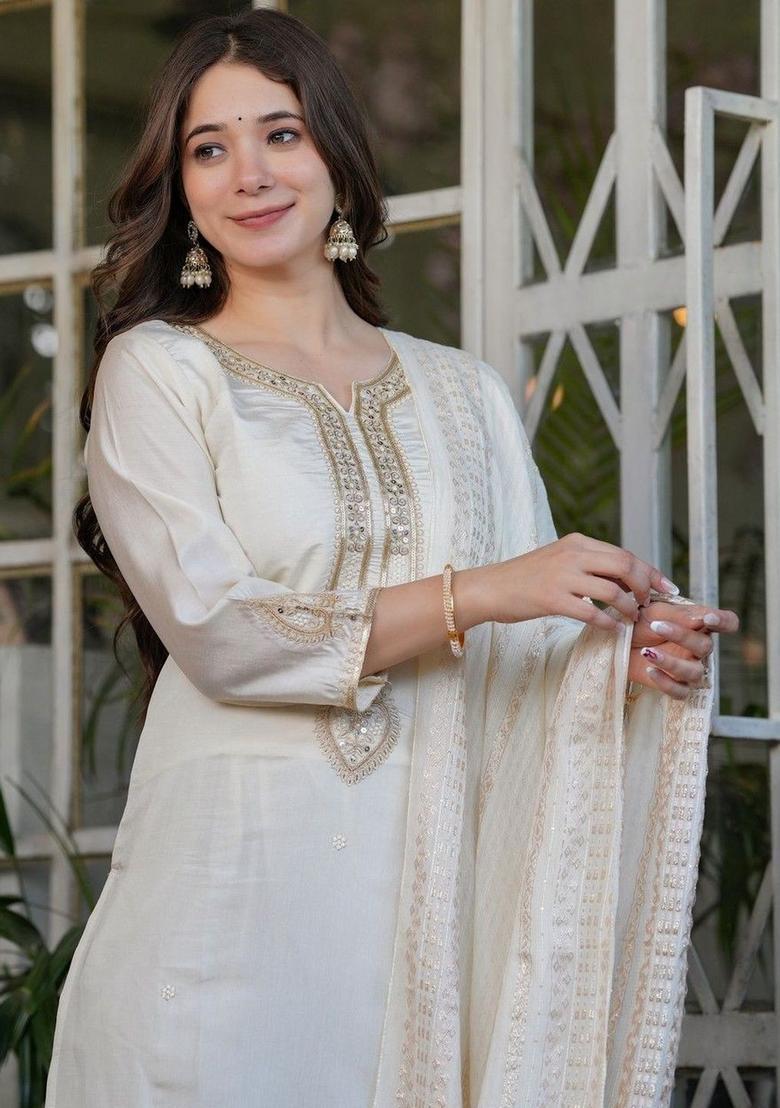 Off White Embroidered Silk Kurta Set - Indya
