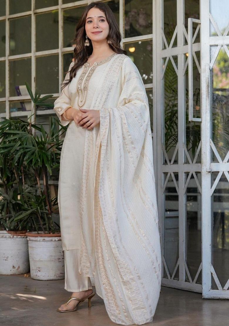 Off White Embroidered Silk Kurta Set - Indya
