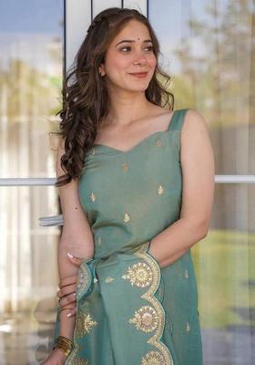 Green Woven Design Silk Kurta Set