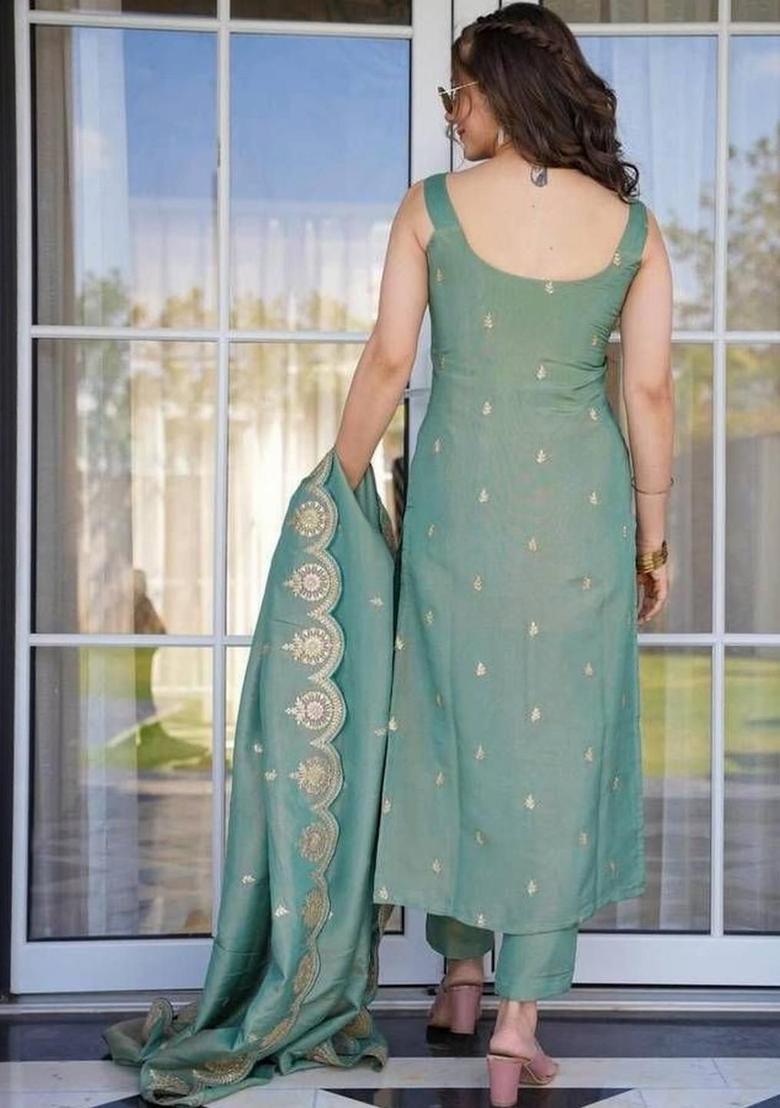 Green Woven Design Silk Kurta Set - Indya