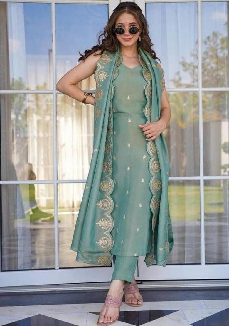 Green Woven Design Silk Kurta Set - Indya