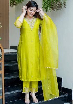 Lime Green Embroidered Silk Kurta Set