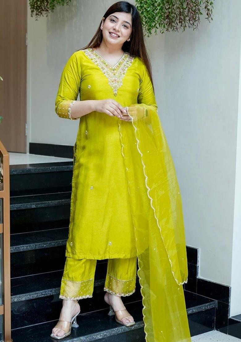 Lime Green Embroidered Silk Kurta Set - Indya