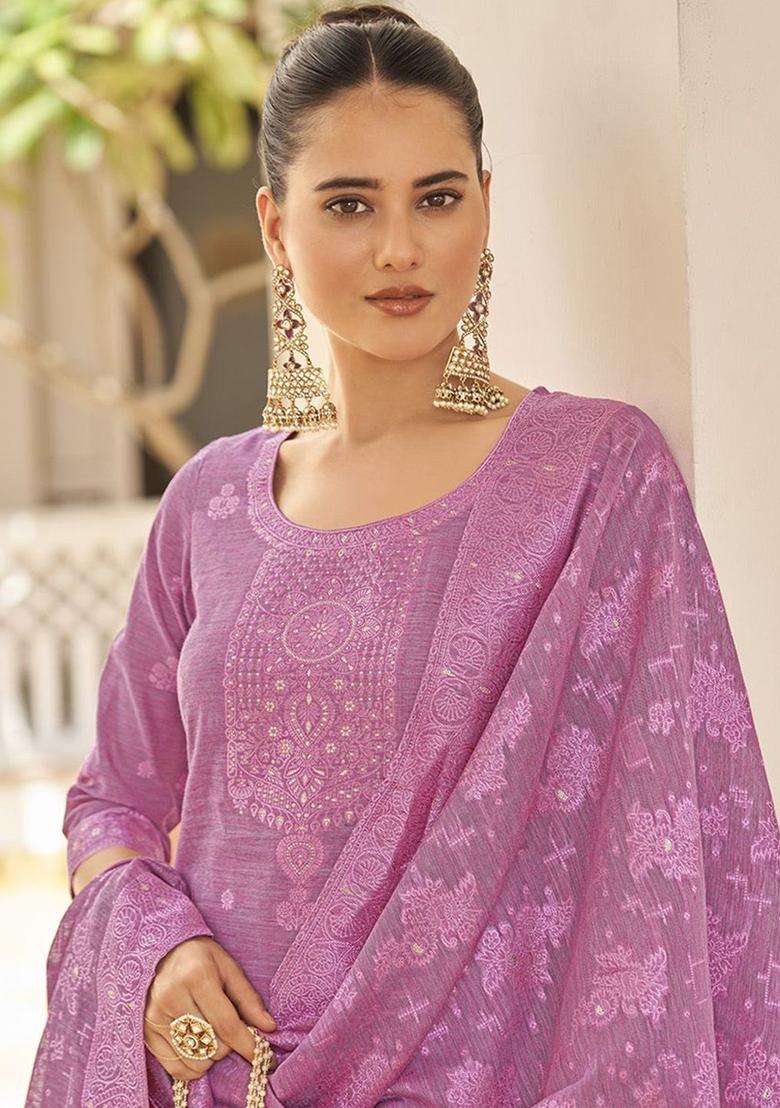 Pink Woven Design Silk Kurta Set - Indya