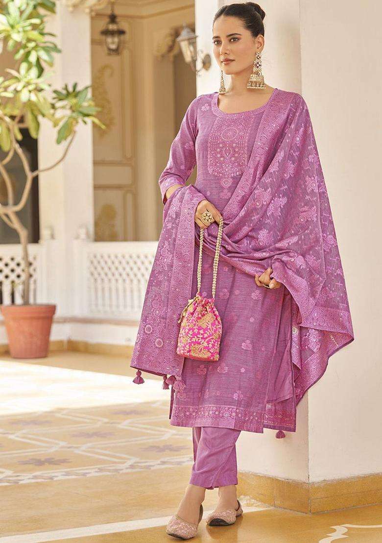 Pink Woven Design Silk Kurta Set - Indya