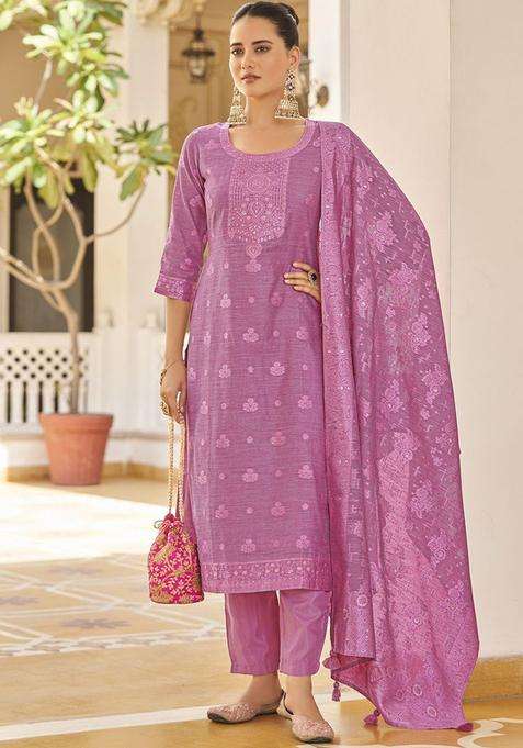 Pink Woven Design Silk Kurta Set