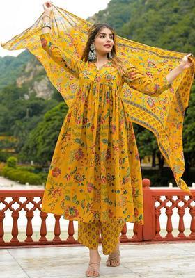 Yellow Printed Cotton Kurta Set
