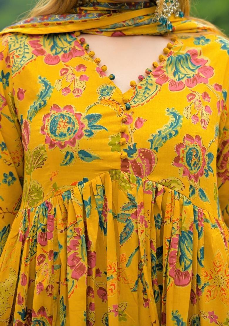 Yellow Printed Cotton Kurta Set - Indya