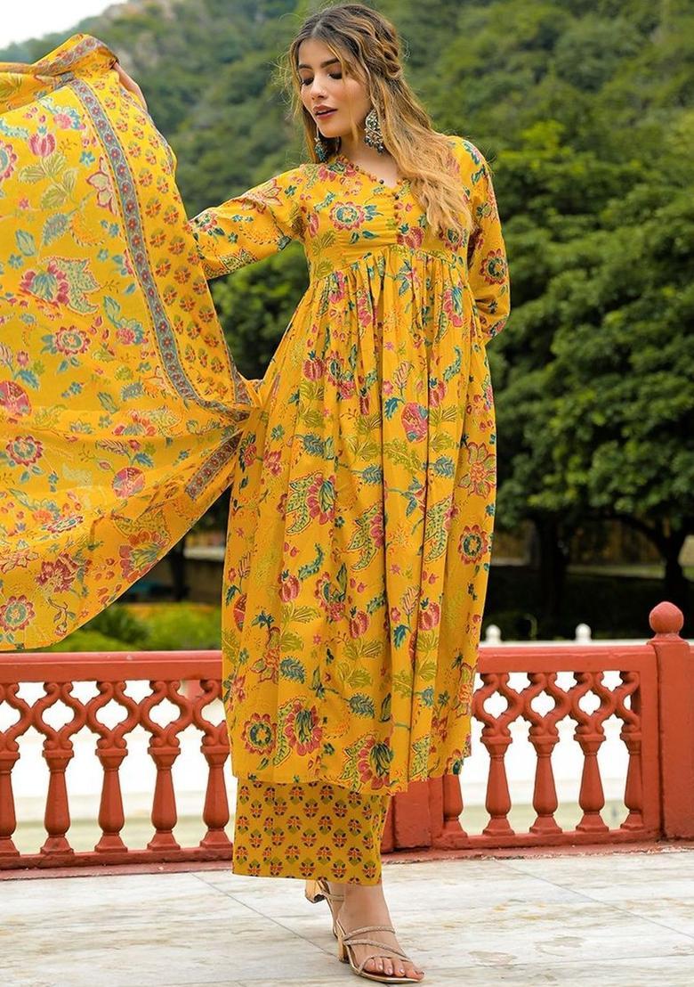 Yellow Printed Cotton Kurta Set - Indya