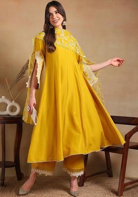 Yellow Solid Silk Blend Anarkali Set