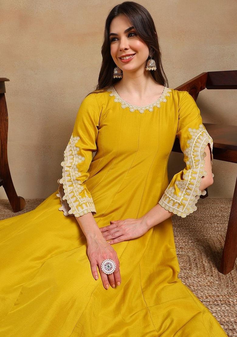 Yellow Solid Silk Anarkali Set - Indya