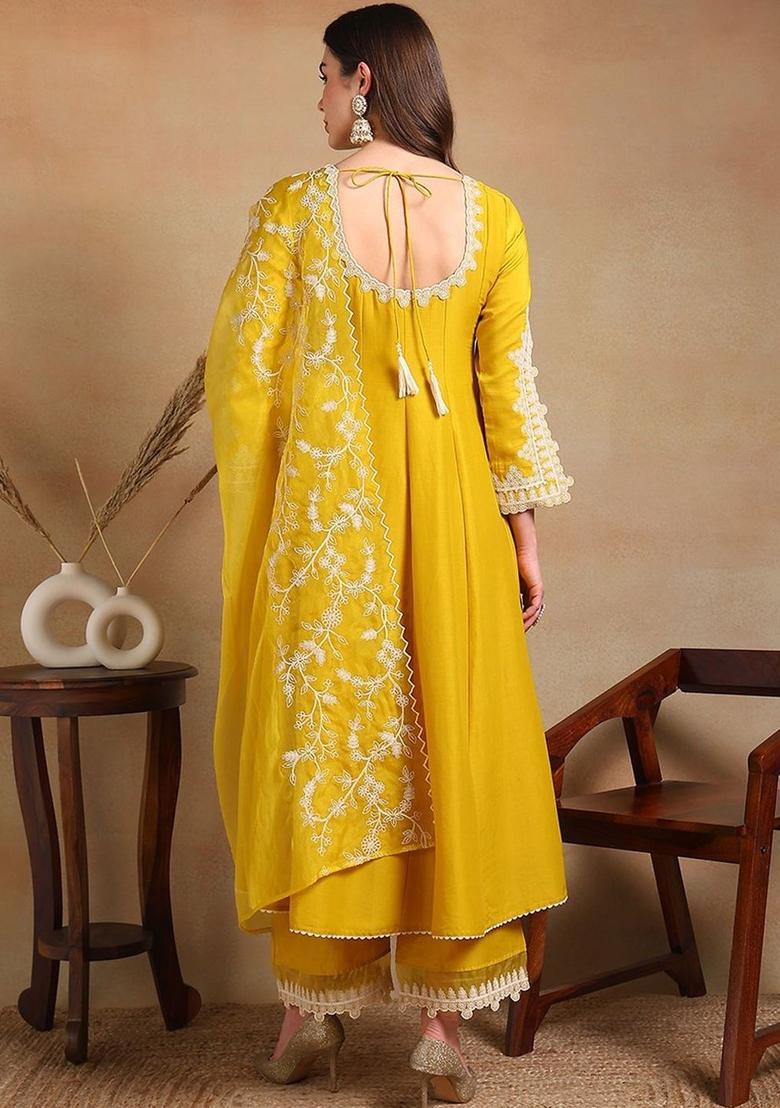 Yellow Solid Silk Anarkali Set - Indya