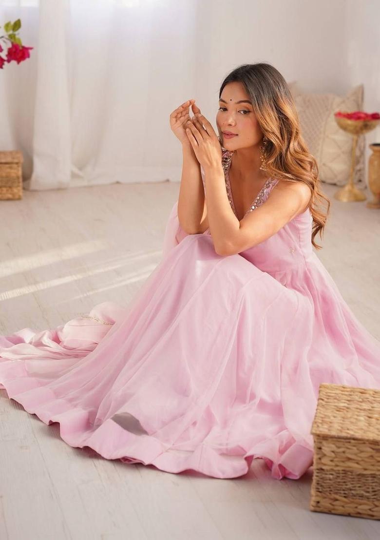 Pink Embroidered Silk Kurta Set - Indya