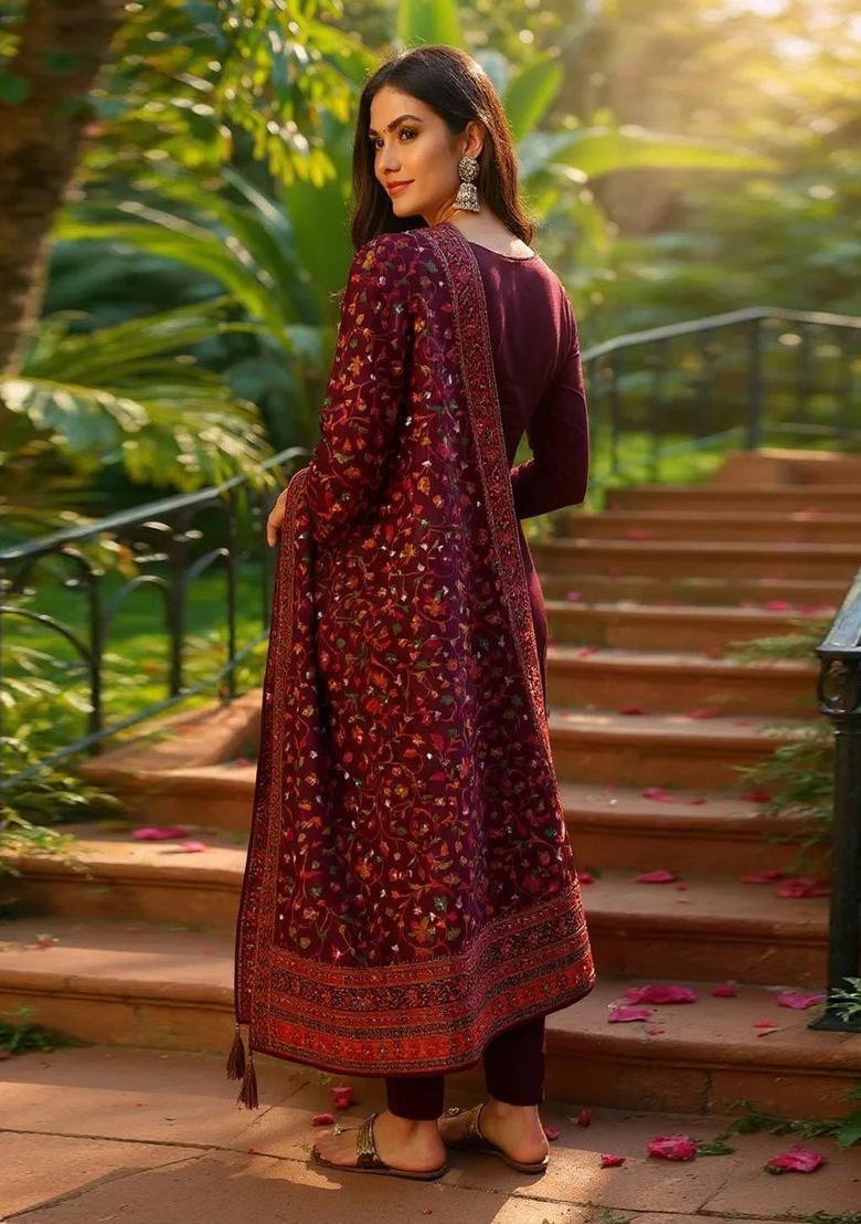 Burgundy Woven Design Silk Kurta Set - Indya
