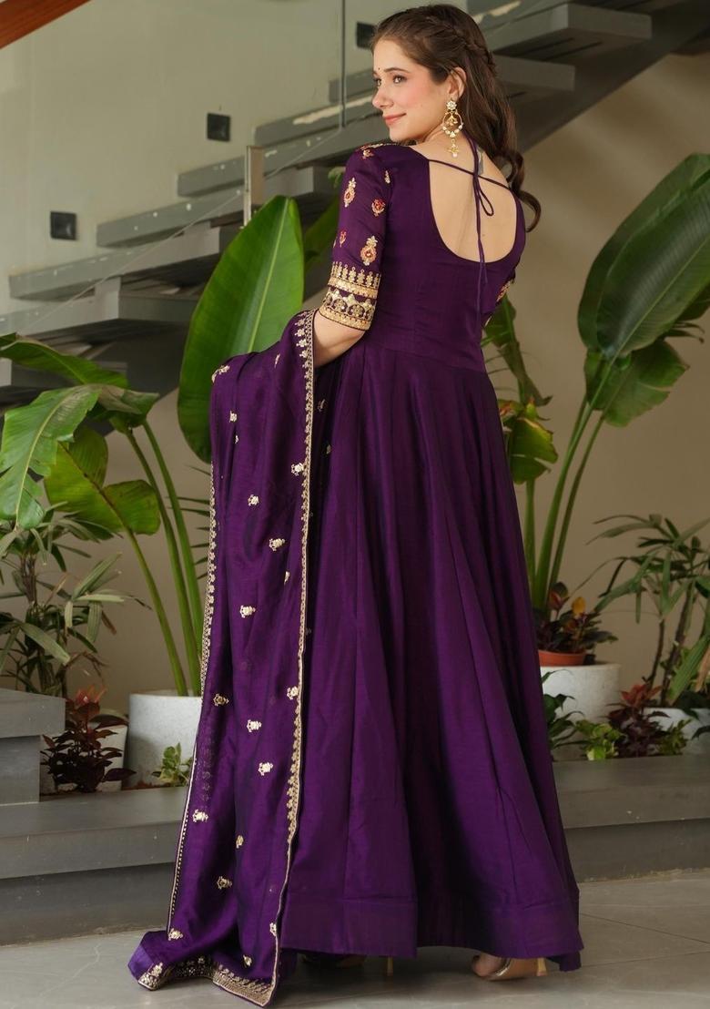 Purple Embroidered Georgette Kurta Set - Indya
