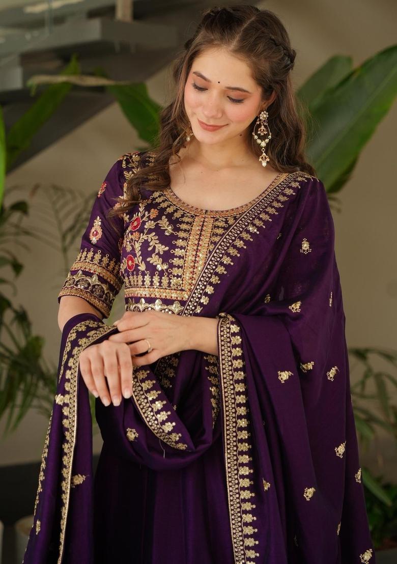 Purple Embroidered Georgette Kurta Set - Indya