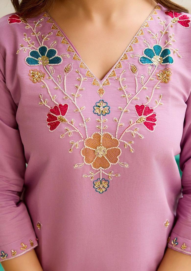 Lavender Embroidered Viscose Kurta Set - Indya