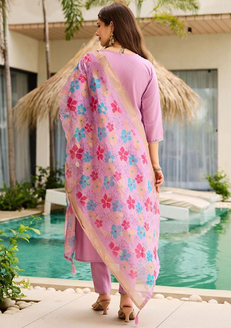 Lavender Embroidered Viscose Kurta Set - Indya