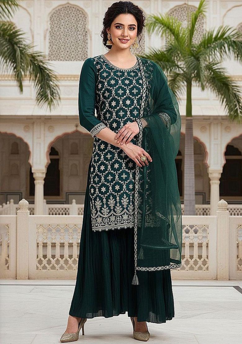 Green Embroidered Silk Kurta Set - Indya