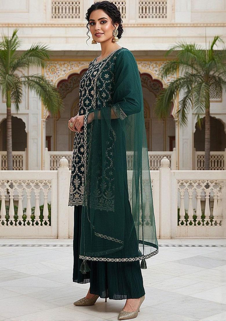 Green Embroidered Silk Kurta Set - Indya