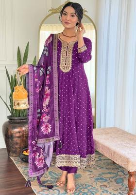 Purple Embroidered Silk Anarkali Set