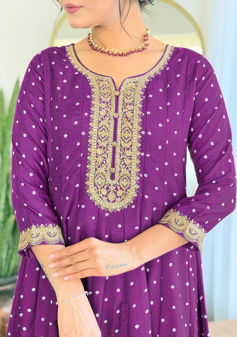 Purple Embroidered Silk Anarkali Set - Indya