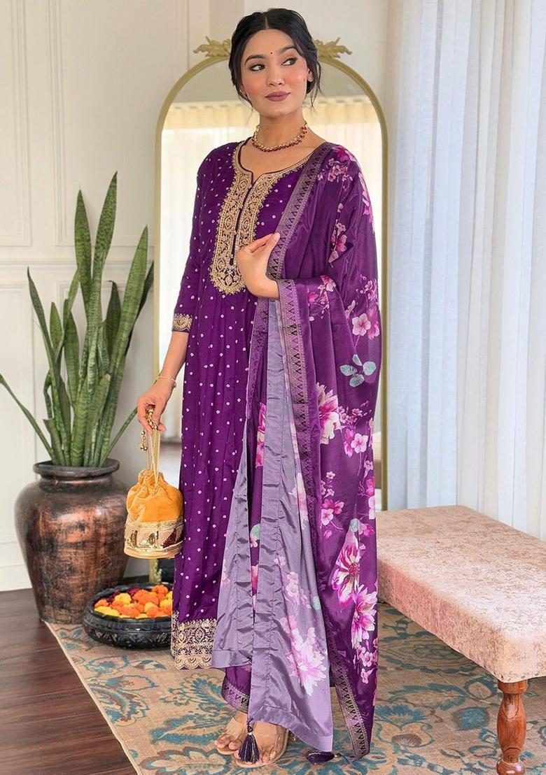 Purple Embroidered Silk Anarkali Set - Indya