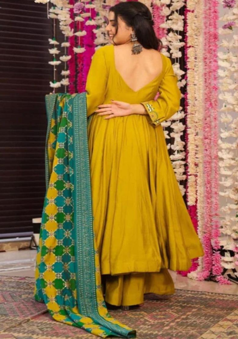 Yellow Embroidered Silk Kurta Set - Indya