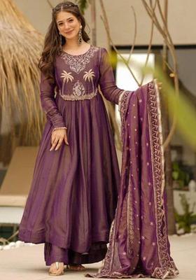 Purple Embroidered Silk Kurta Set