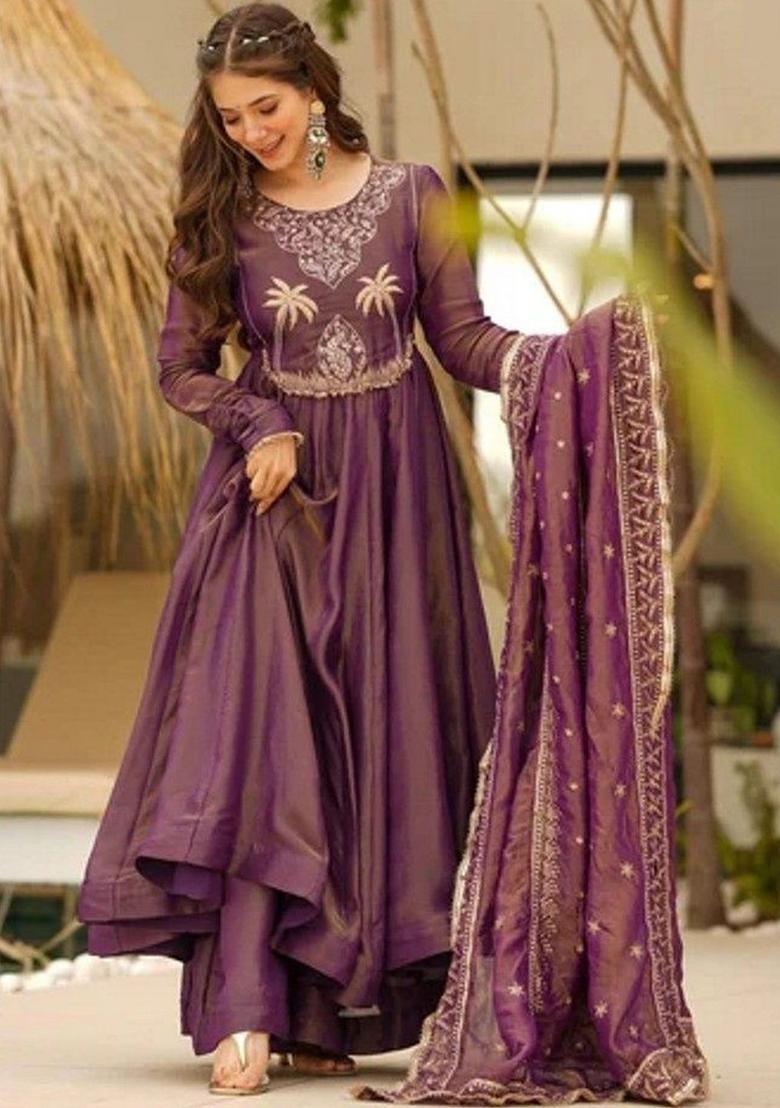 Purple Embroidered Silk Kurta Set - Indya