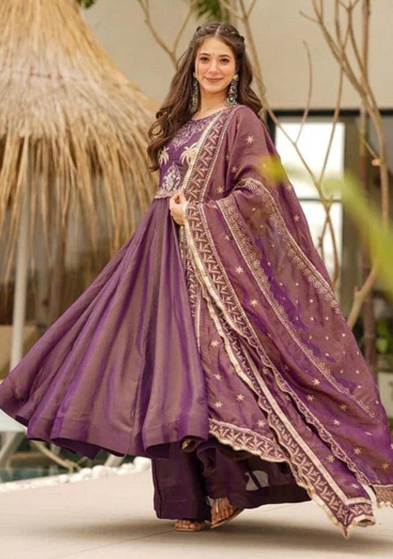 Purple Embroidered Silk Kurta Set - Indya